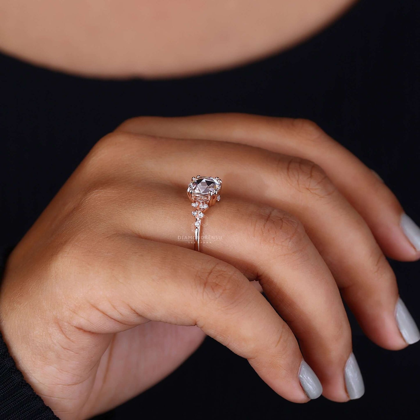 Detail of an antique rose cut diamond ring, showcasing its unique facets and vintage allure.