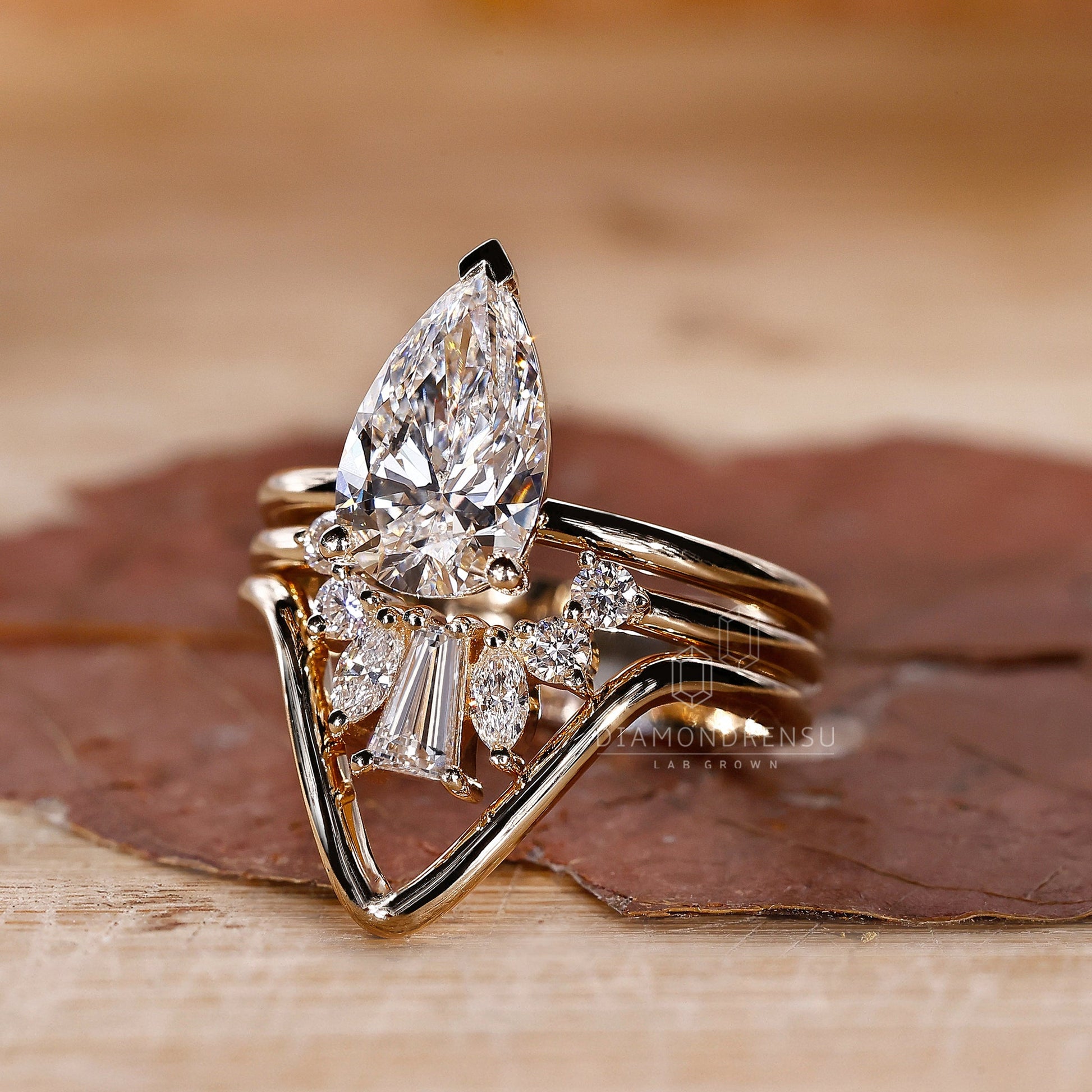 Customizable trio ring set featuring lab grown diamonds and handmade ring designs