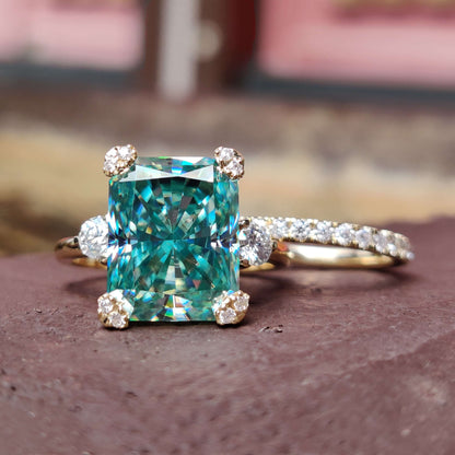 Vintage Look 9.22 TW Cyan Blue Radiant Cut Antique Vintage Moissanite Bridal Set