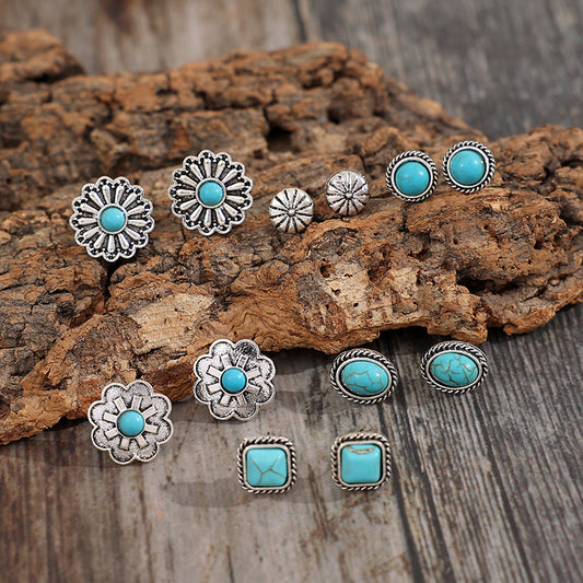 6 PCS/Set Artificial Turquoise Alloy Stud Earrings