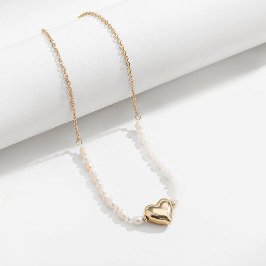 Gold-plated Pearl Chain Heart Pendant Necklace