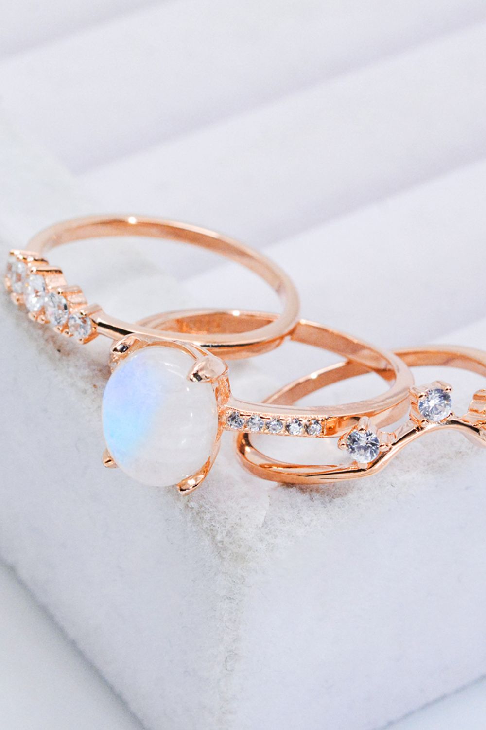 Natural Moonstone and Zircon Three-Piece Ring Set