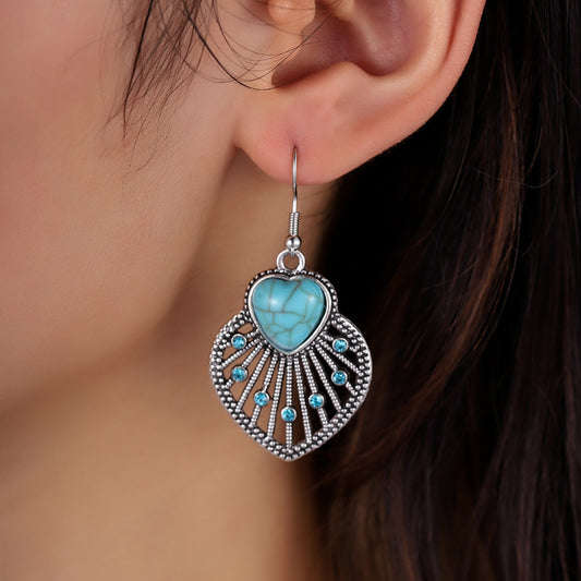 Artificial Turquoise Rhinestone Heart and Leaf Shape Earrings