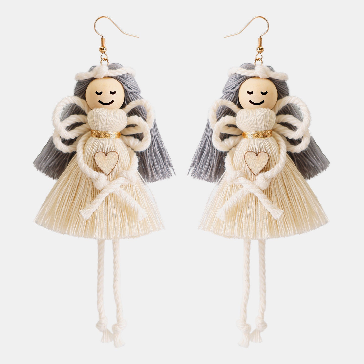 Wood Cotton Cord Brass Angel Dangle Earrings