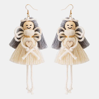 Wood Cotton Cord Brass Angel Dangle Earrings