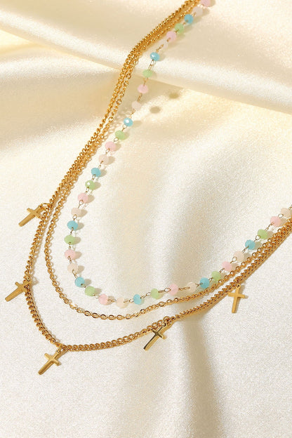 18K Gold Plated Cross Pendant Triple-Layered Necklace