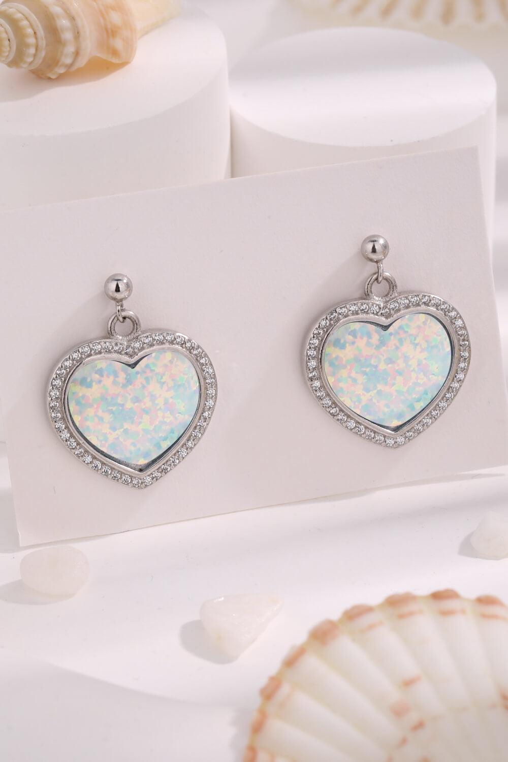 Platinum-Plated Opal Heart Earrings