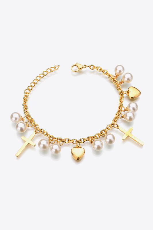 Heart Cross and Pearl Charm Stainless Steel Bracelet