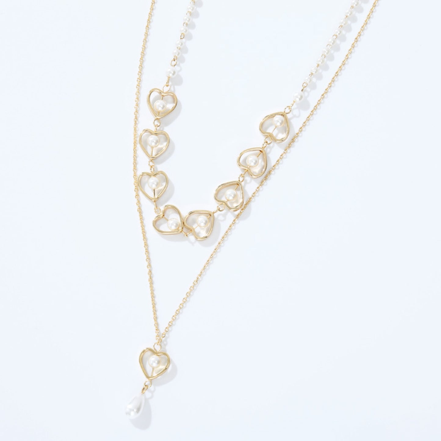 Double-Layered Heart & Pearl Pendant Necklace