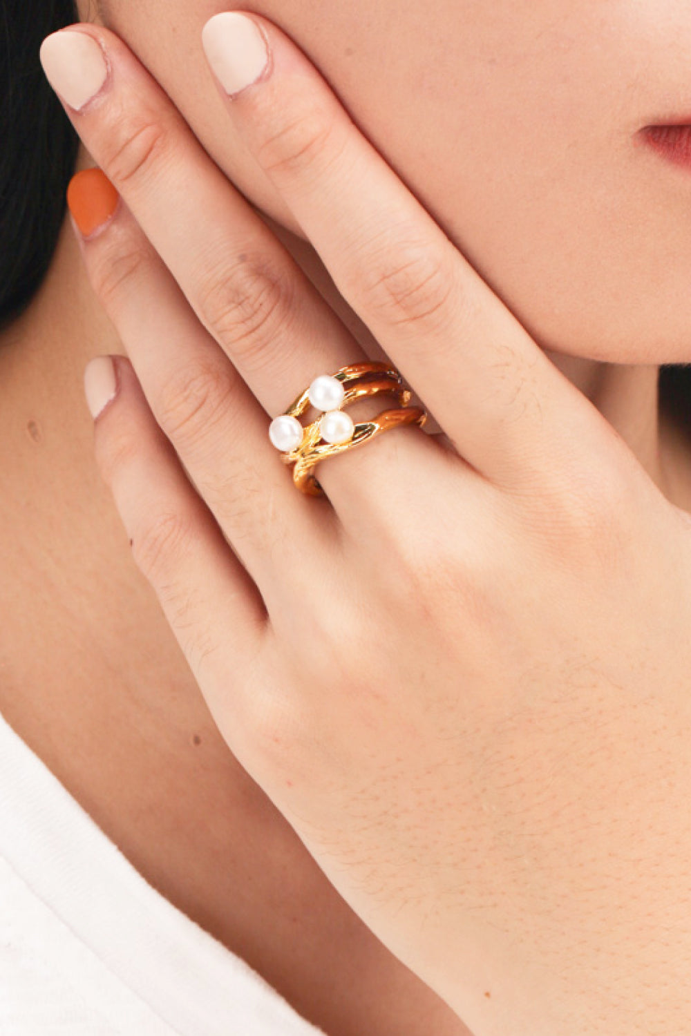 18K Gold-Plated Three Pearl Ring