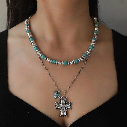 Artificial Turquoise Beaded Double-Layered Cross Necklace