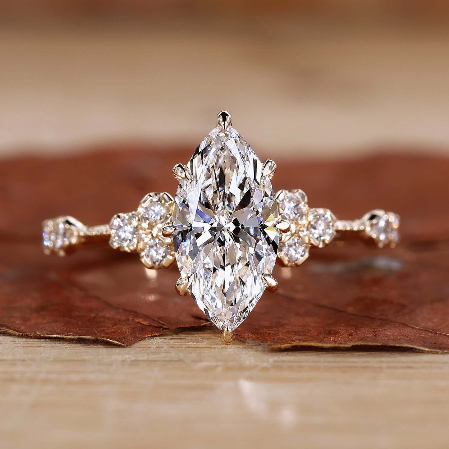 Elegant marquise cut diamond ring, showcasing its elongated shape and brilliant sparkle.