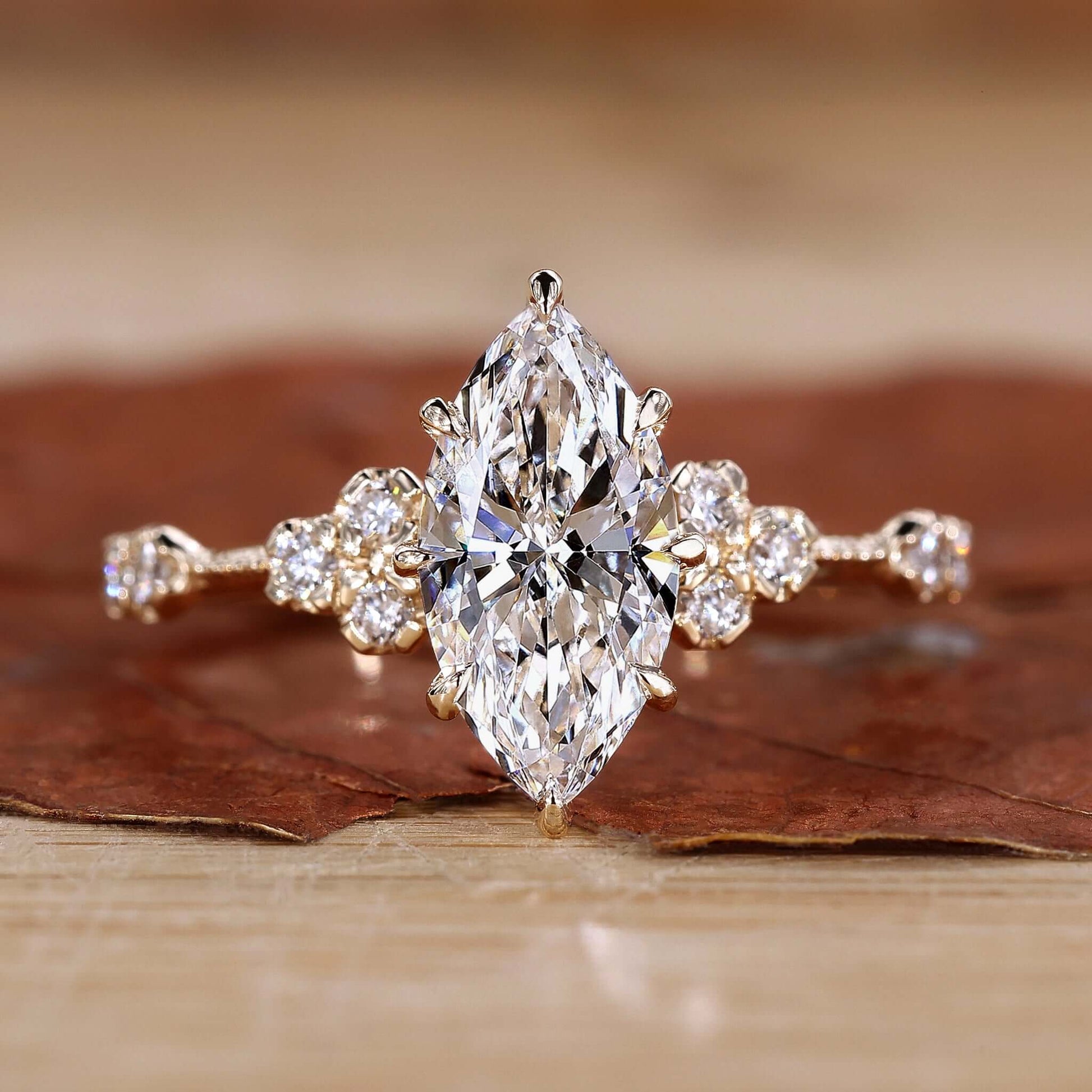 Elegant marquise cut diamond ring, showcasing its elongated shape and brilliant sparkle.