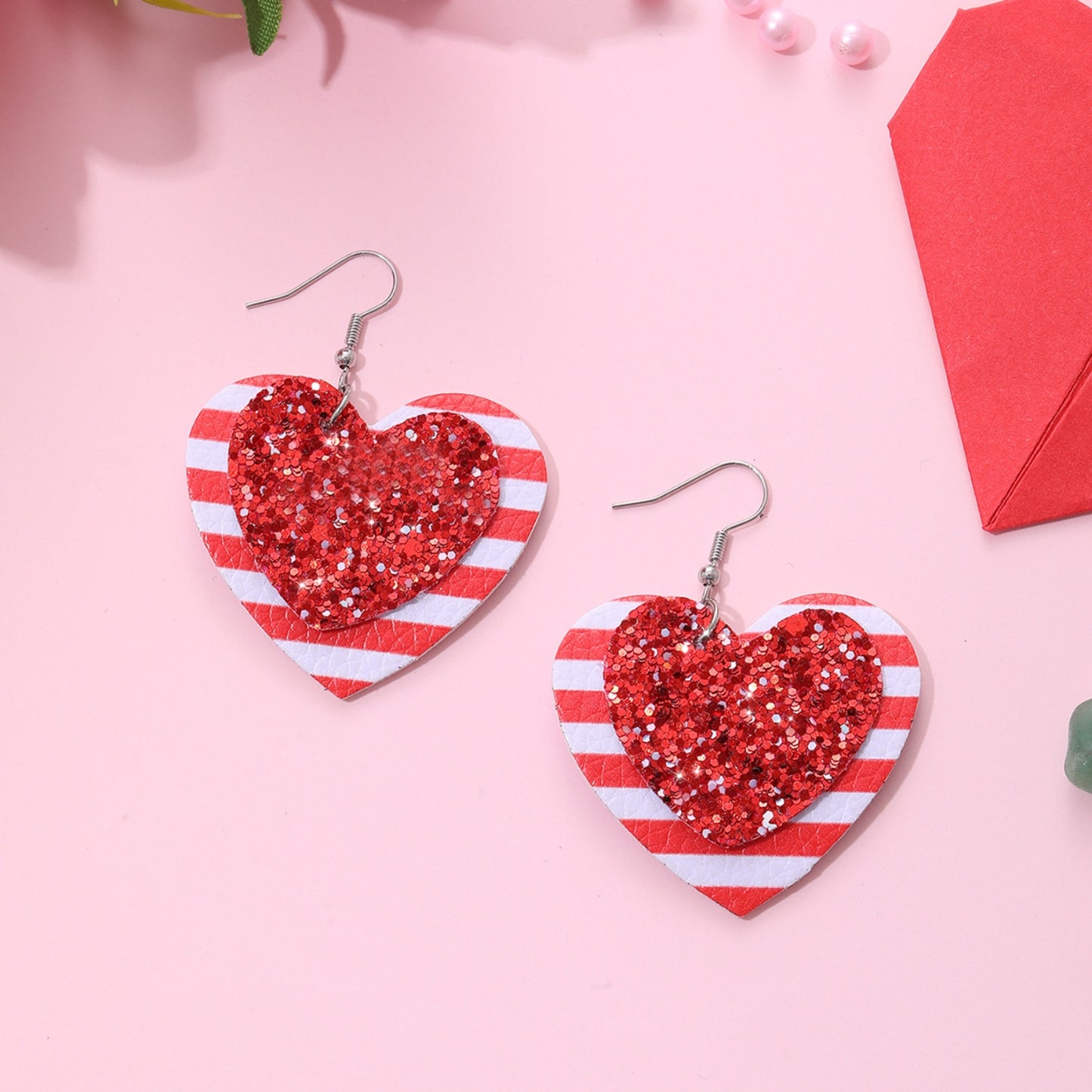 PU Leather Iron Hook Sequin Heart Earrings