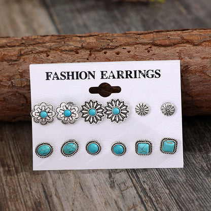 6 PCS/Set Artificial Turquoise Alloy Stud Earrings