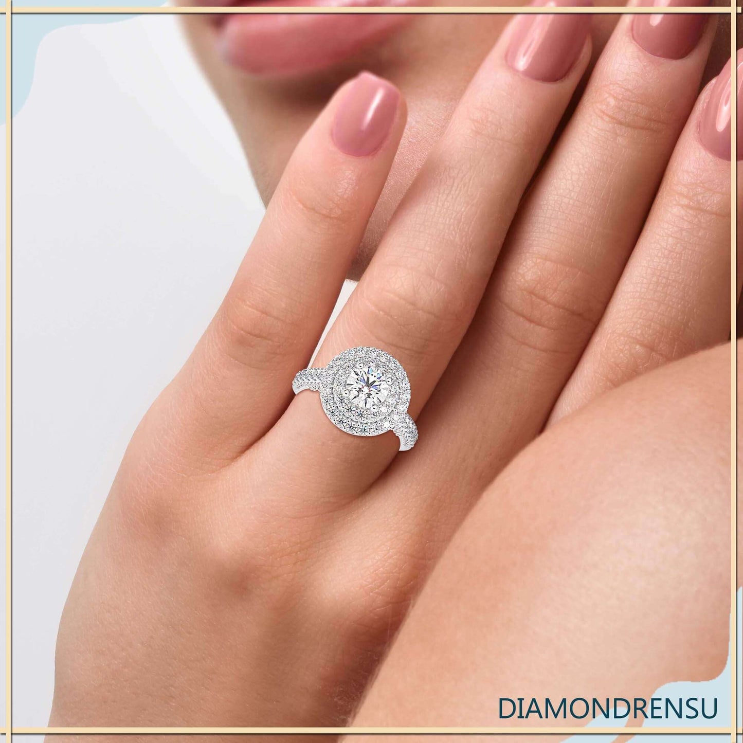 Classic round ring with a double halo and pave diamond accents.