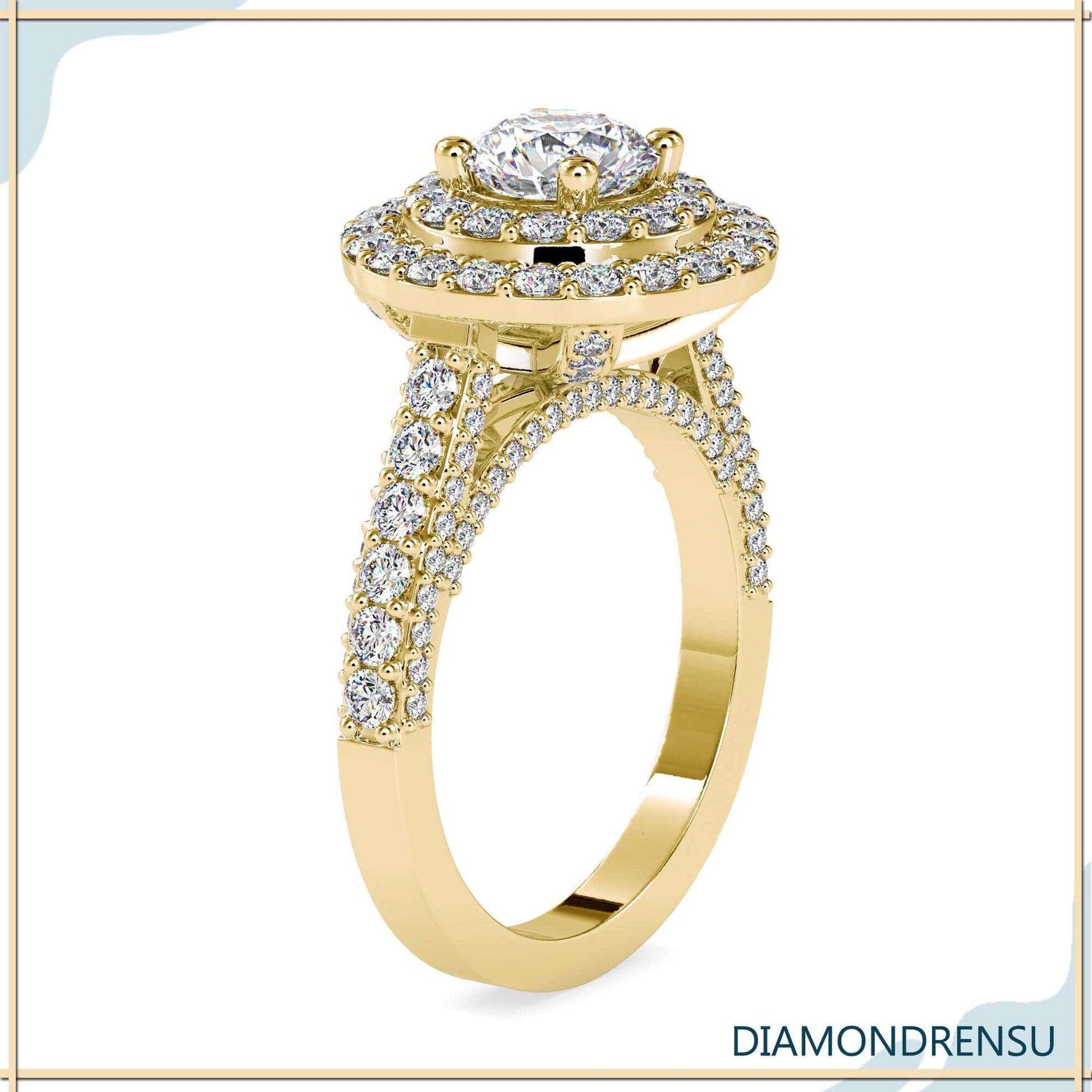 Round diamond ring halo with a pave setting for timeless elegance.