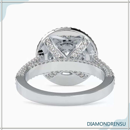 Engagement ring pave halo with lab grown diamonds and IGI certified quality.