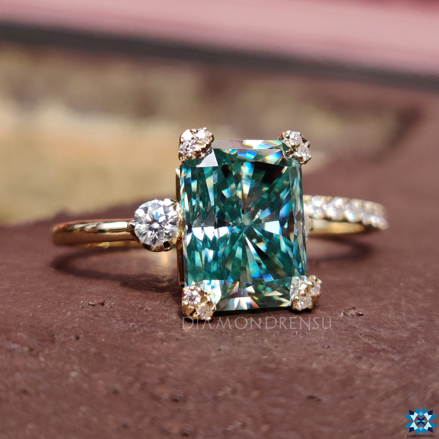 Vintage Look 9.22 TW Cyan Blue Radiant Cut Antique Vintage Moissanite Bridal Set