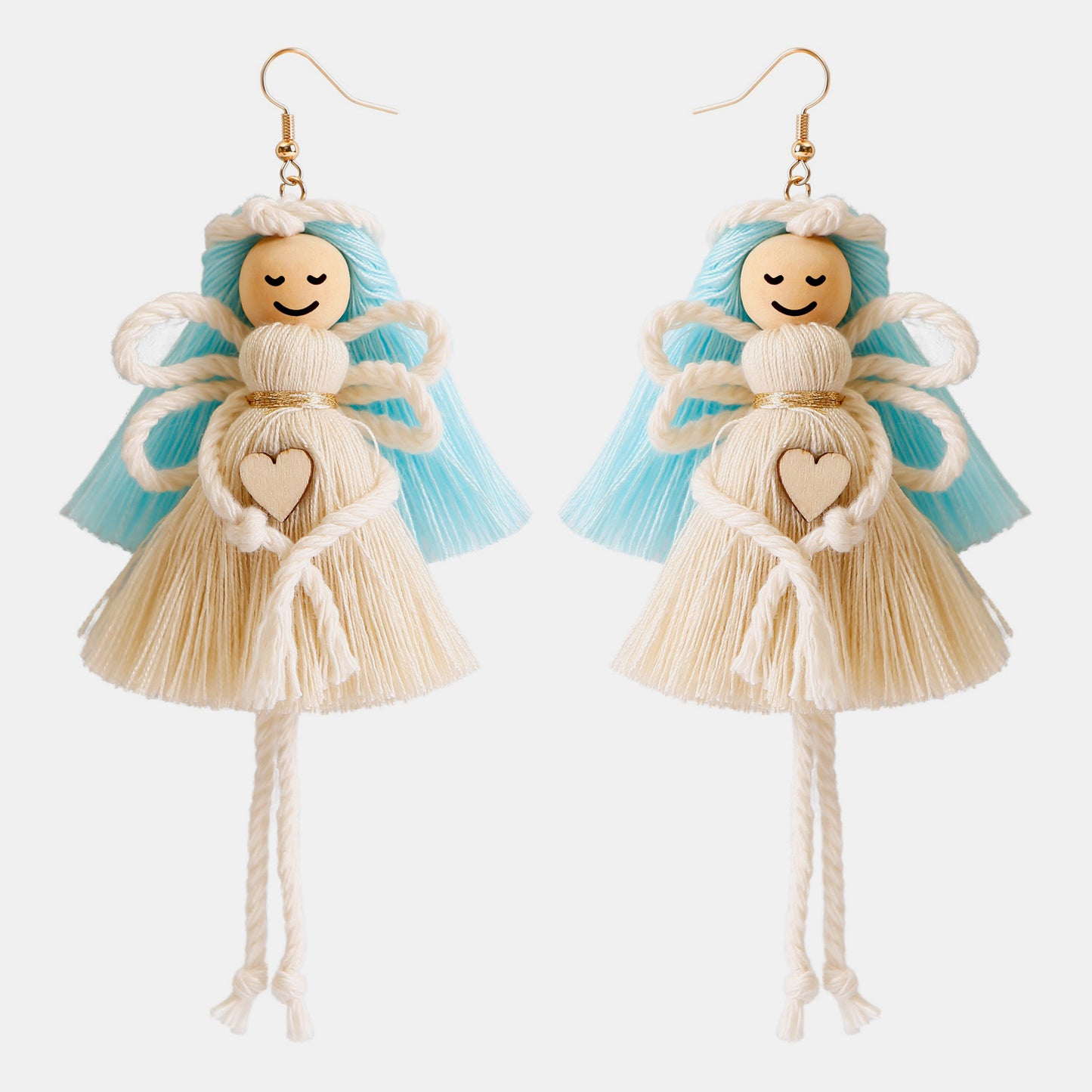 Wood Cotton Cord Brass Angel Dangle Earrings