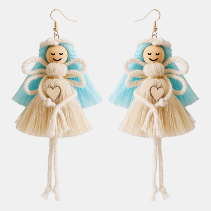 Wood Cotton Cord Brass Angel Dangle Earrings