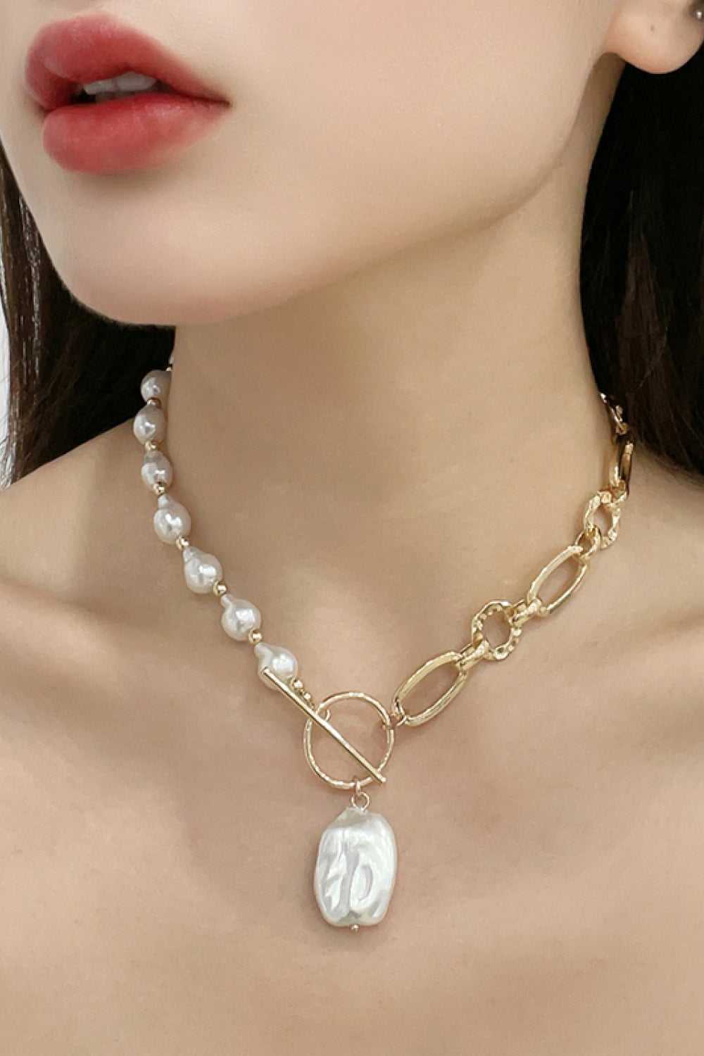 Half Pearl Half Chain Toggle Clasp Necklace