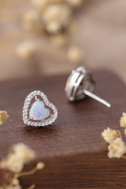 925 Sterling Silver Opal Heart Stud Earrings