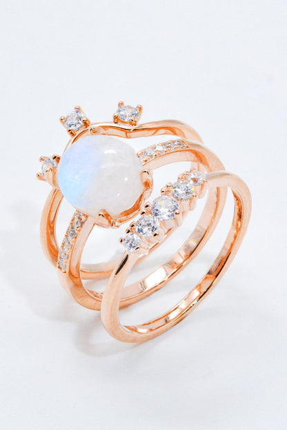 Natural Moonstone and Zircon Three-Piece Ring Set