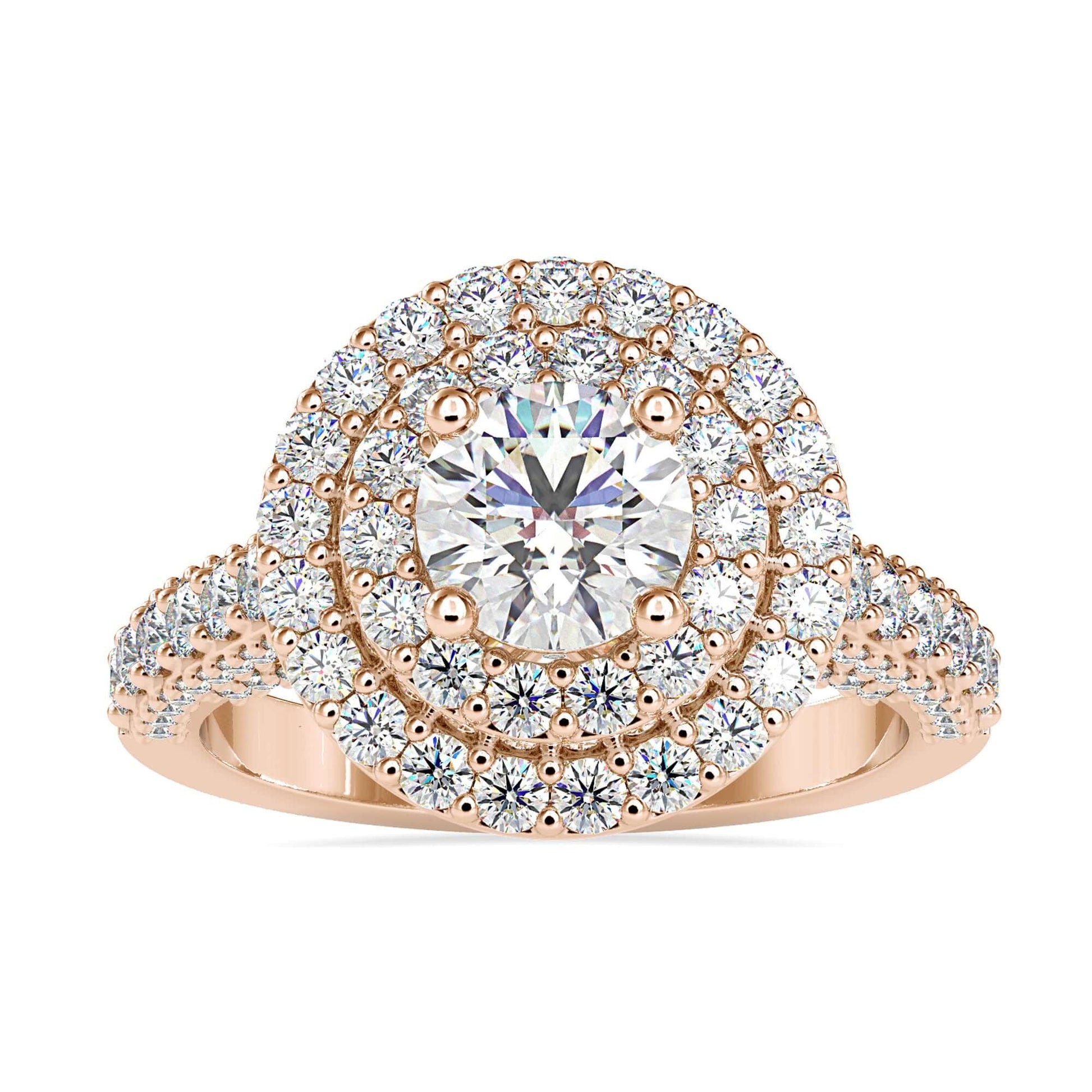 Elegant halo pave ring with diamond accents and a double halo setting.