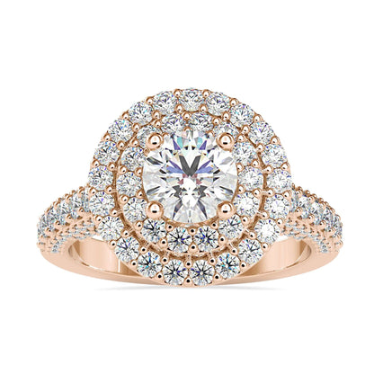 Elegant halo pave ring with diamond accents and a double halo setting.