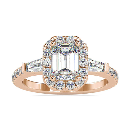 Three Stone Emerald Cut Halo Engagement Ring in yellow gold.