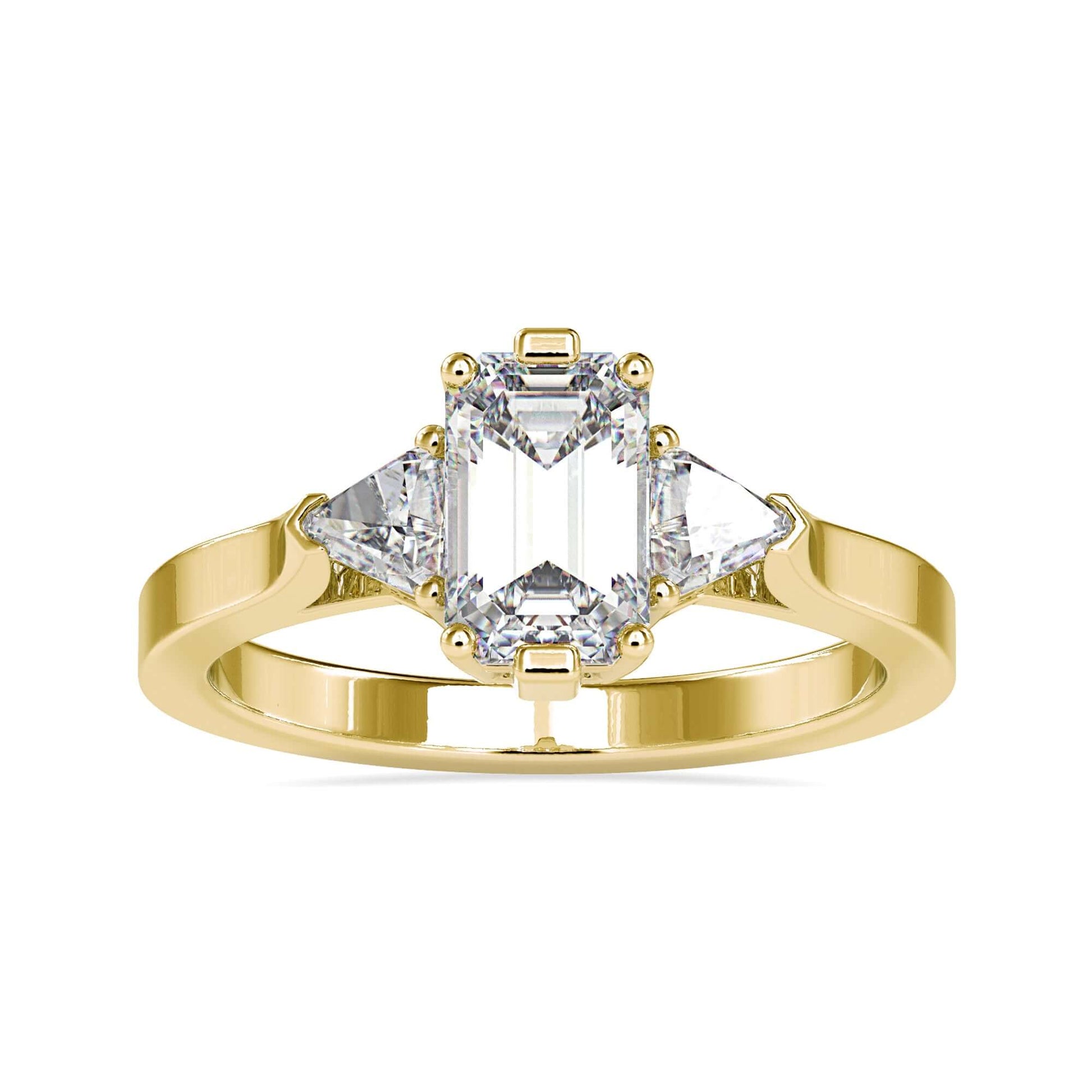 8 prong engagement ring featuring an emerald cut diamond and trillion side stones.