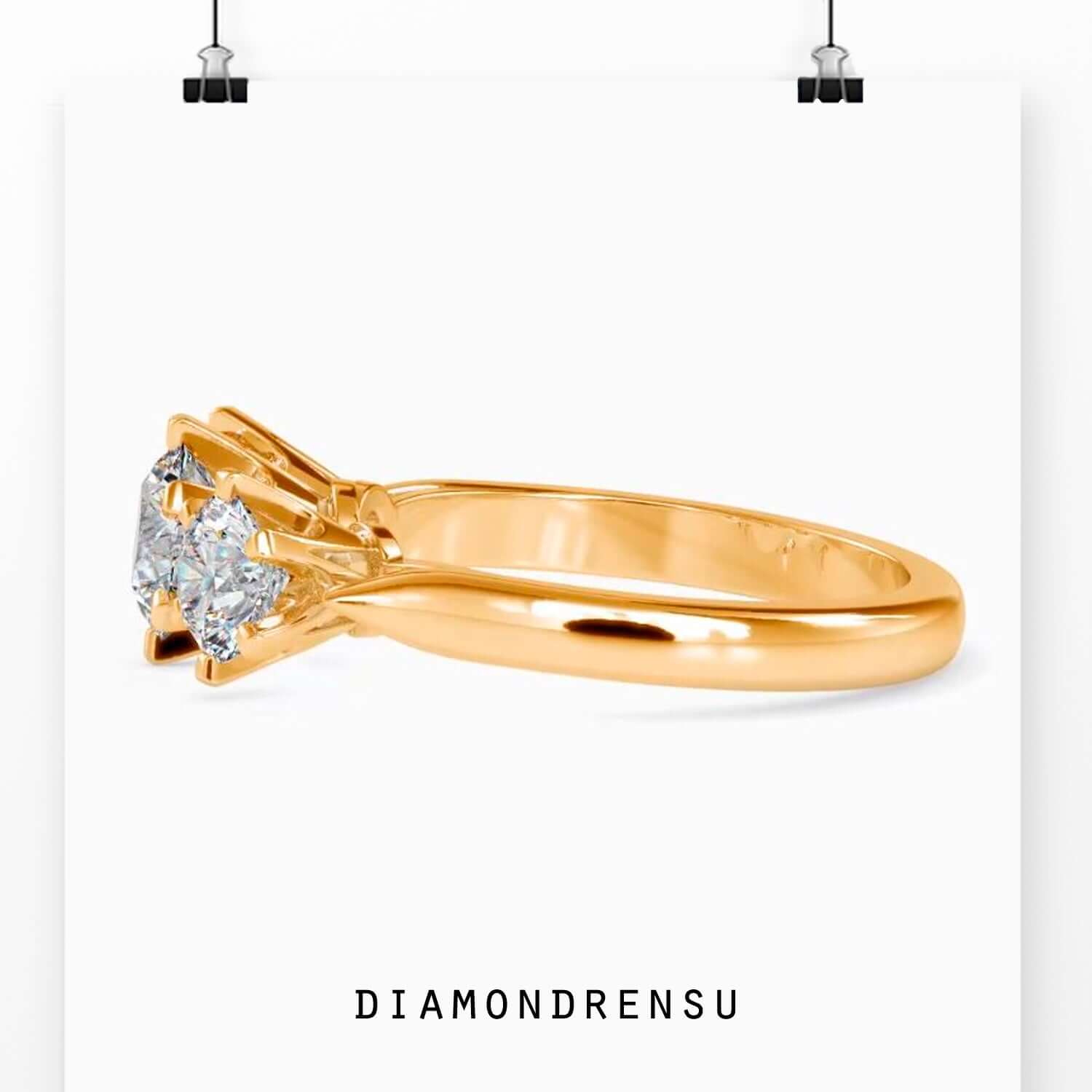 Lab grown diamond ring with a cathedral setting in yellow gold, handmade design