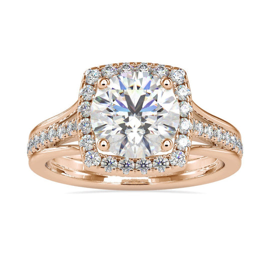 Split shank ring featuring a 2 carat round diamond for added sparkle.
