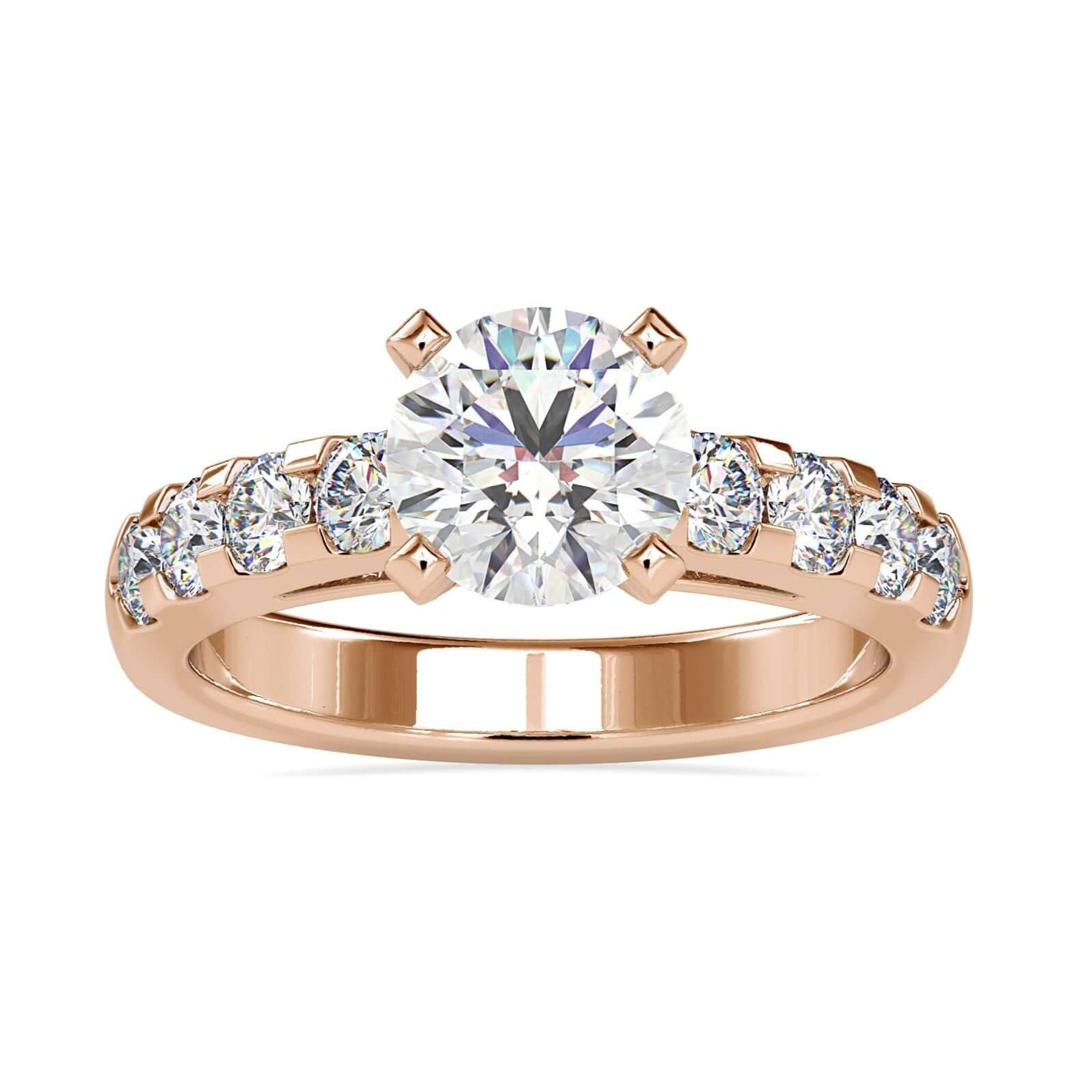 Round brilliant cut diamond ring with hidden halo design and prong setting.
