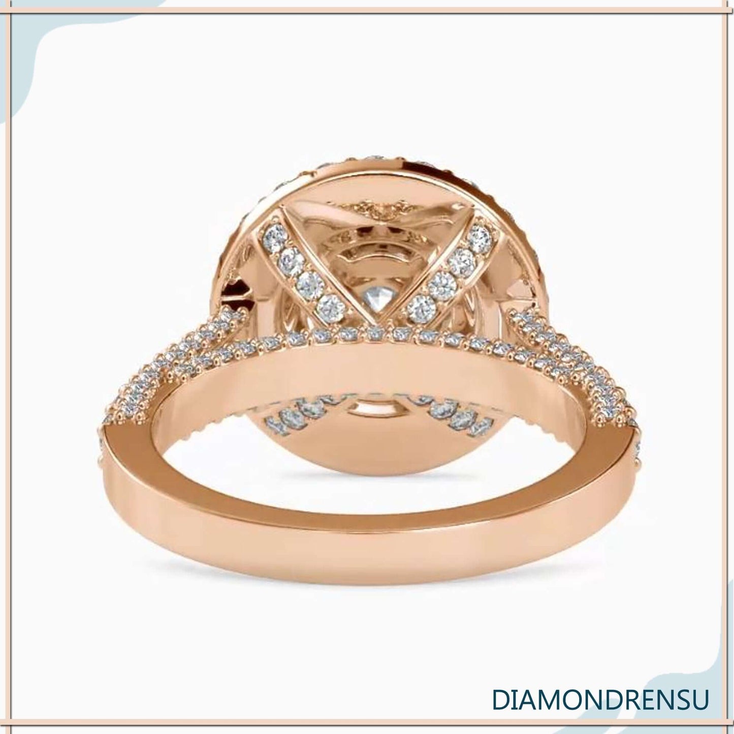 Handcrafted diamondrensu engagement ring with a double halo and pave setting for timeless beauty.