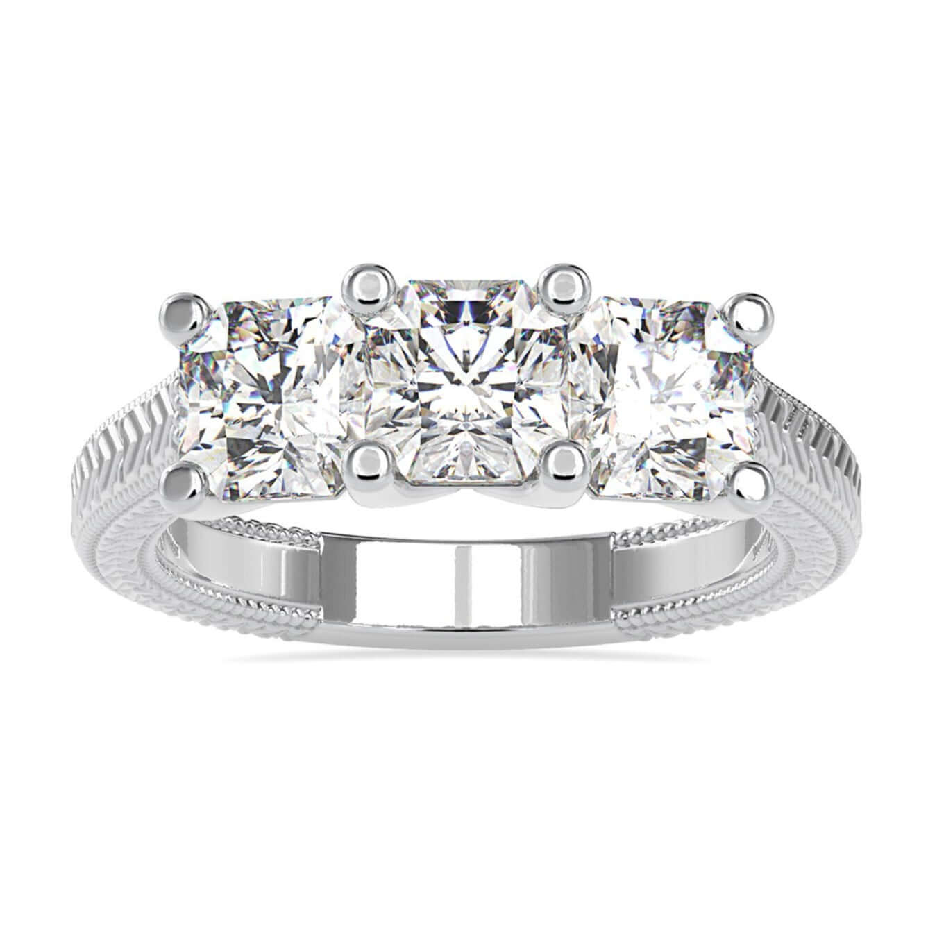 Three stone engagement ring diamond with radiant cut in prong setting.
