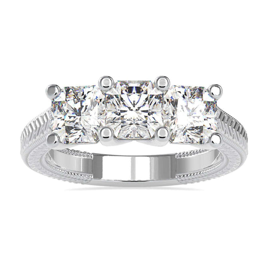 Three stone engagement ring diamond with radiant cut in prong setting.
