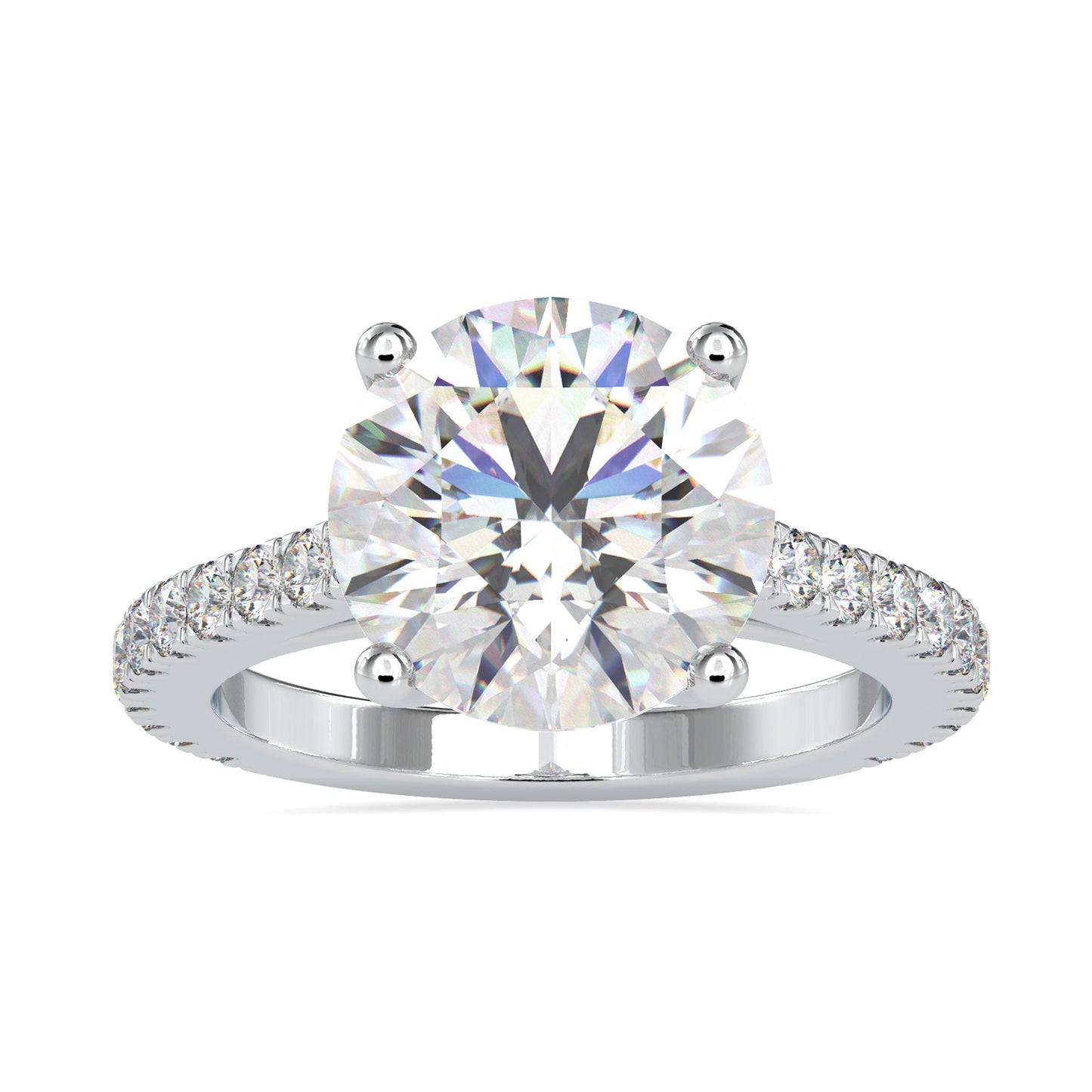 Round diamond engagement ring with a cathedral setting and 2 carat round diamond.
