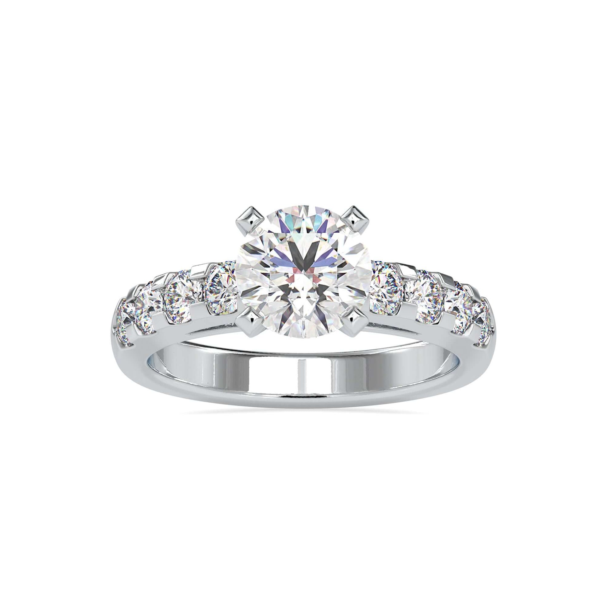 Round brilliant cut diamond ring in pave setting, perfect for engagement.
