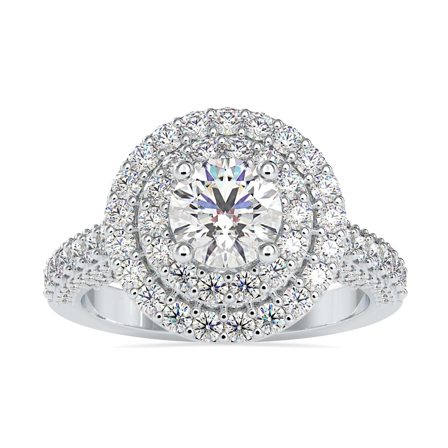 Classic pave engagement ring with a double halo and round diamond centerpiece.