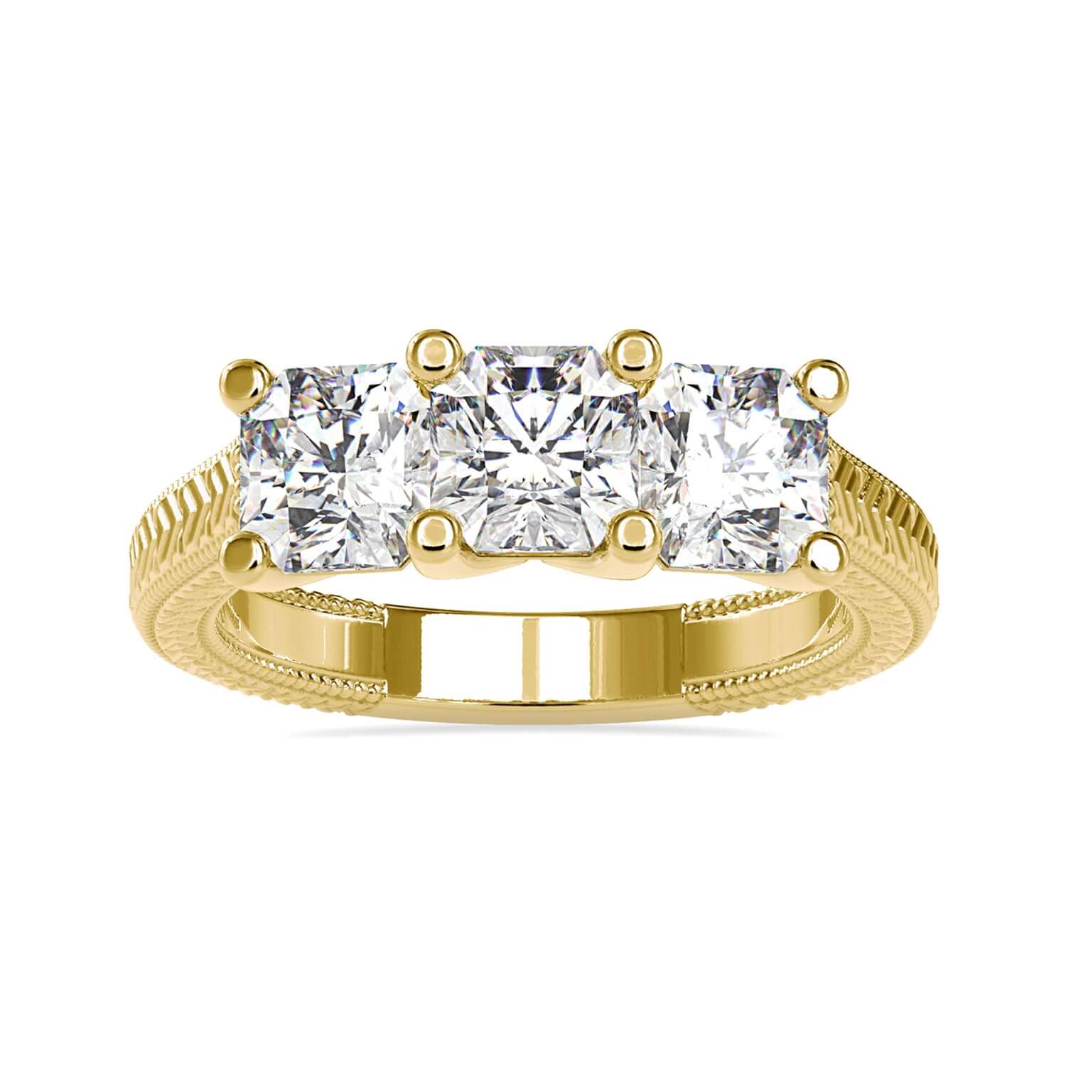 IGI certified three stone engagement ring diamond with yellow gold.
