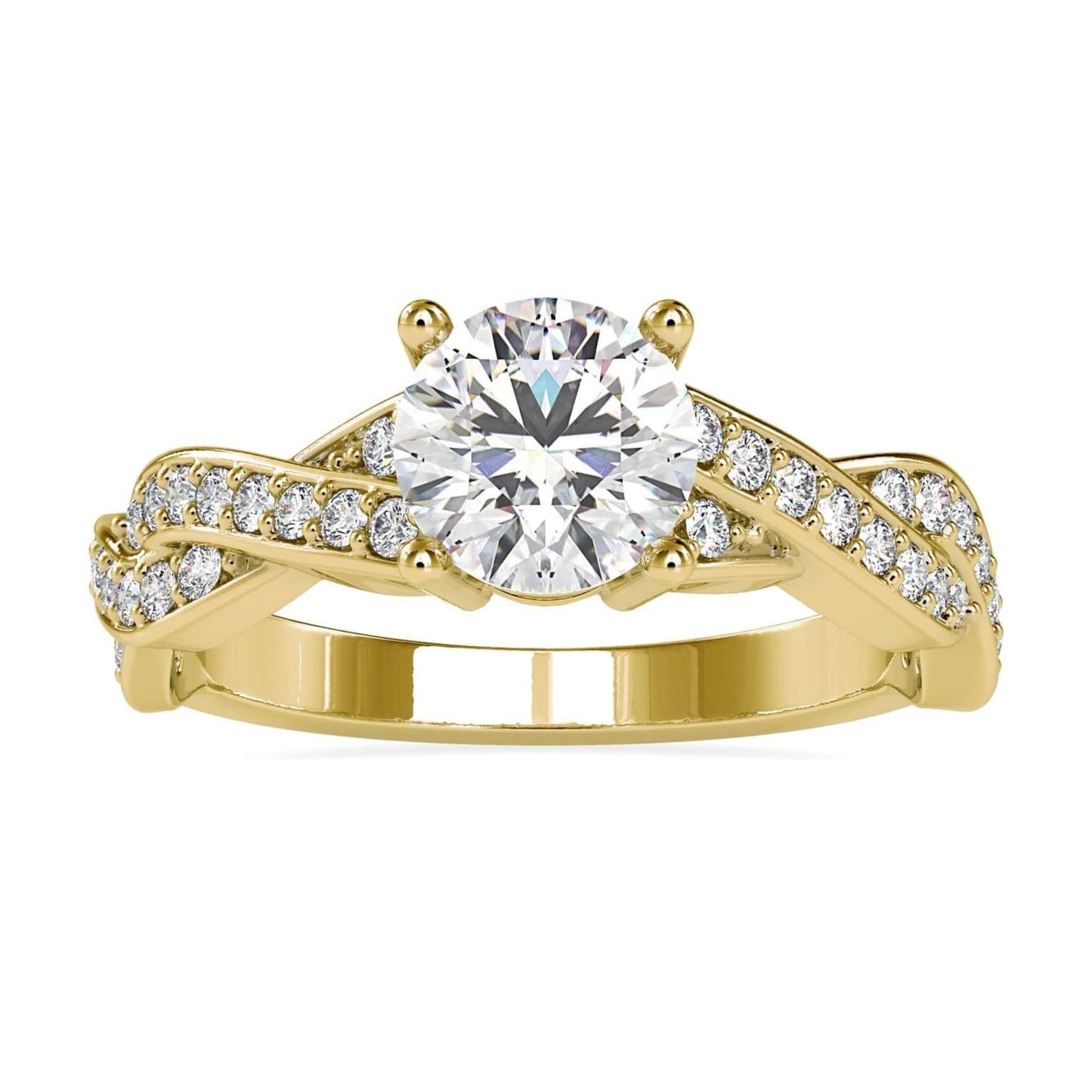 Elegant Twisted Engagement Ring featuring a round diamond and 4 prong setting.
