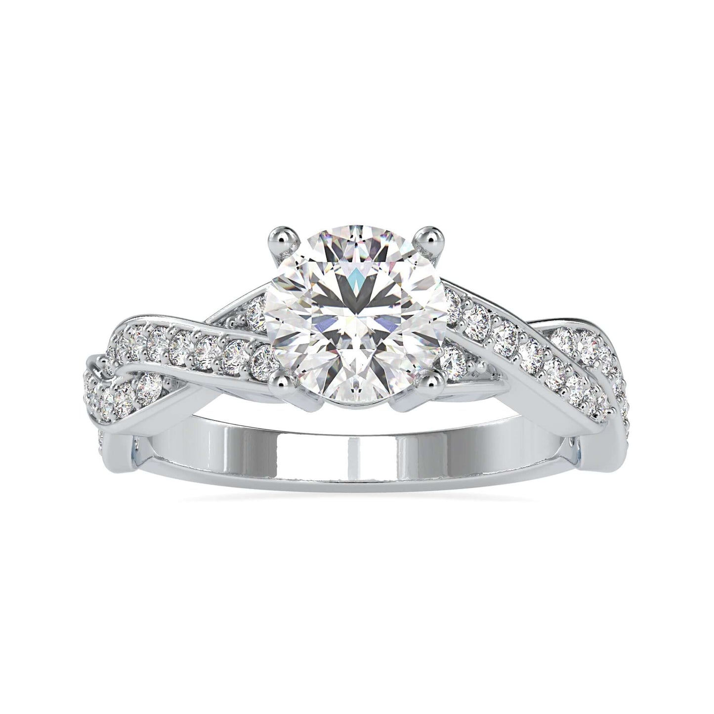 Beautiful round diamond engagement ring featuring a twisted band design for extra brilliance.
