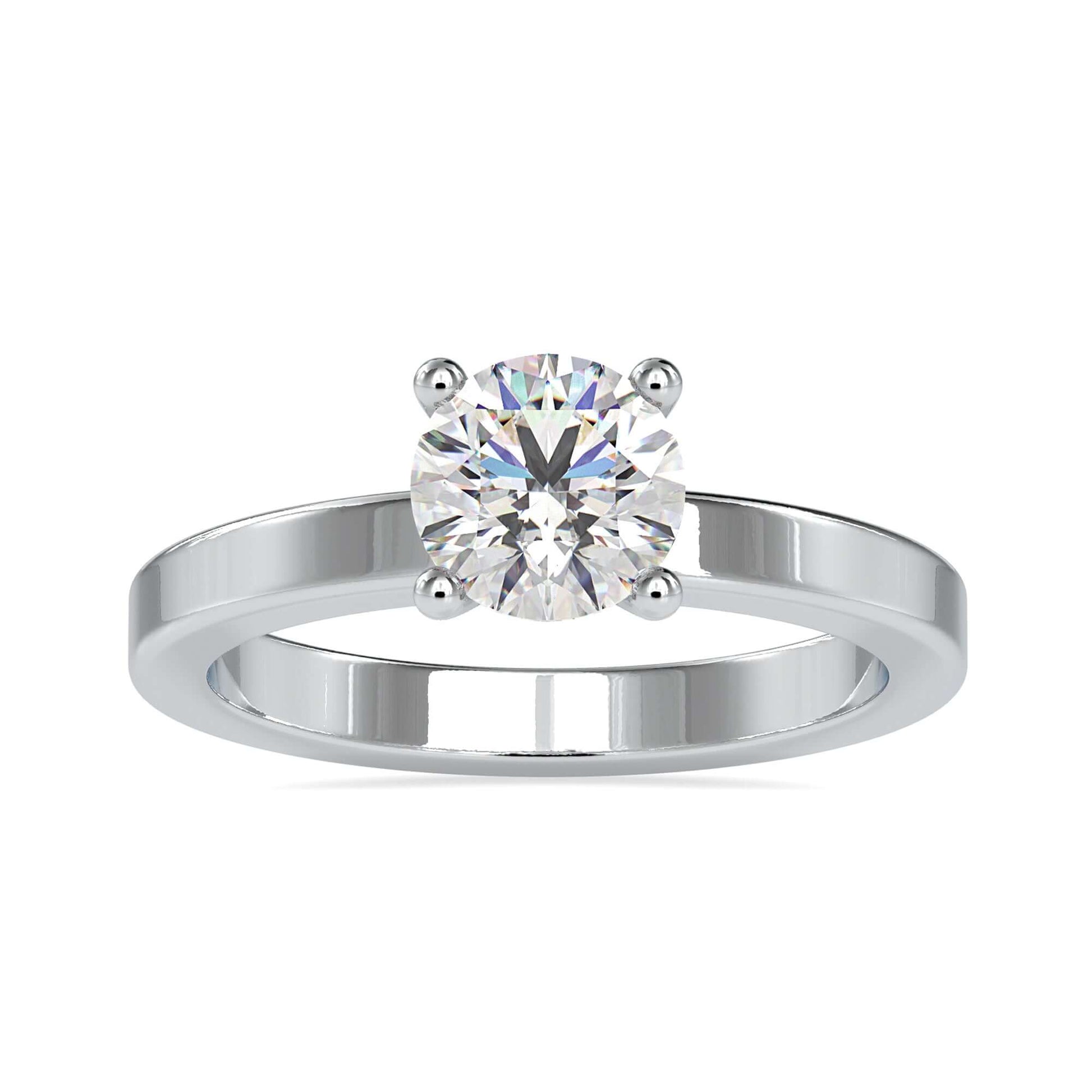 Romantic White gold solitaire ring with a round lab grown diamond in a basket setting.
