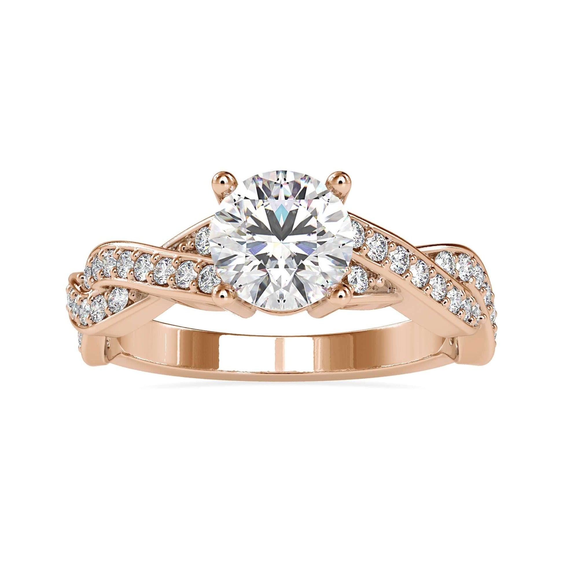 Exquisite rose gold twist ring with a 4 prong engagement ring setting.
