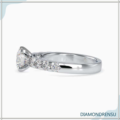 Lab grown diamond ring with a hidden halo and pave band for extra sparkle.
